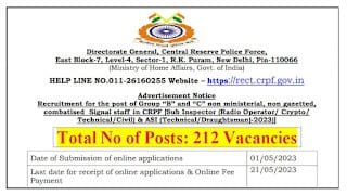Notification for 212 Sub Inspector jobs in 212 CRPF has been released today. Salary up to 1,12,000